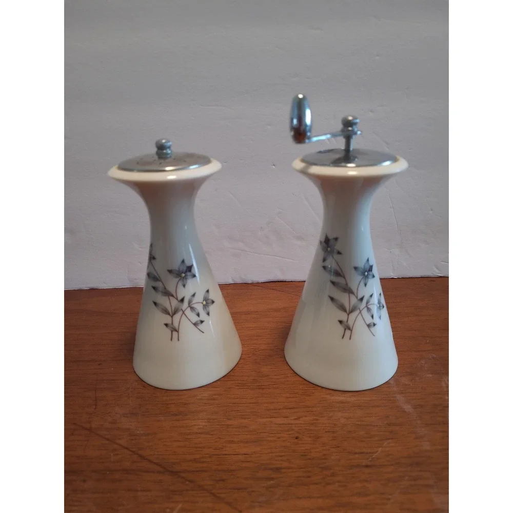 Vintage Lenox Princess X-516 Salt & Pepper Mill Set USA Floral Gray Ivory
